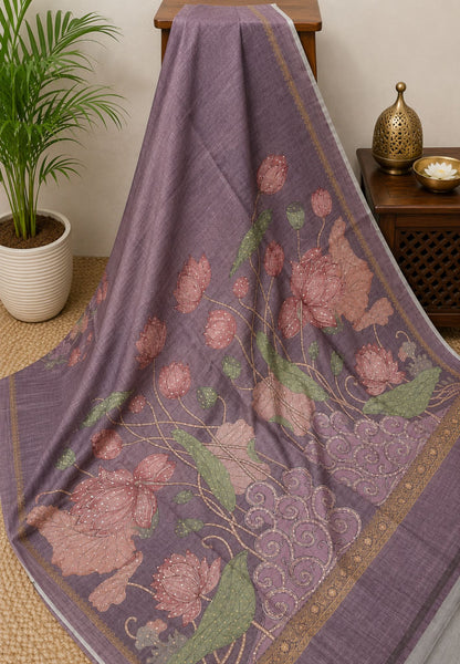Tussar Saree-Purple with French Knot & Sequence Work