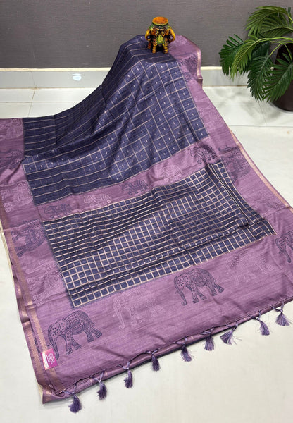 Semi Tussar Saree-Blue in Traditional Elephant Motif Zari with Contrast Border