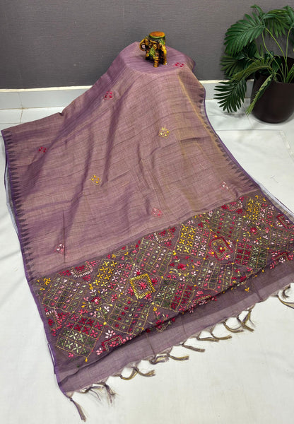 Tissue Linen Saree-Purple in Phulkari Embroidery Border