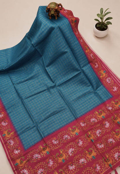 Premium Matka Tussar Saree-Ramar Blue with Contrast Border in Tanjore Print