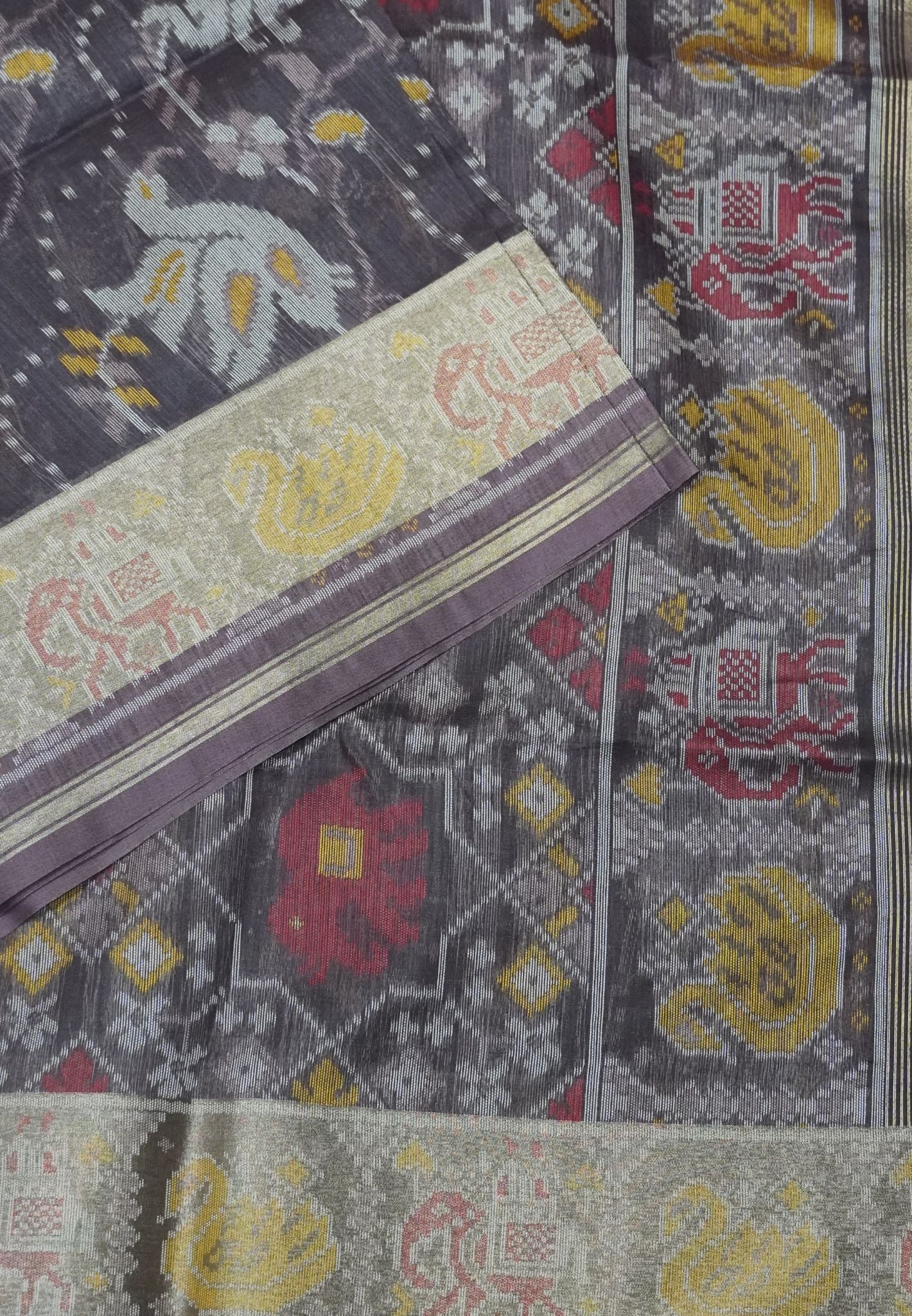 Raw Silk Saree - Maroon with Patola Print
