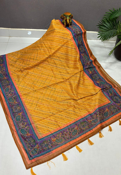 Chanderi Saree-Mustard In Peacock Floral Border
