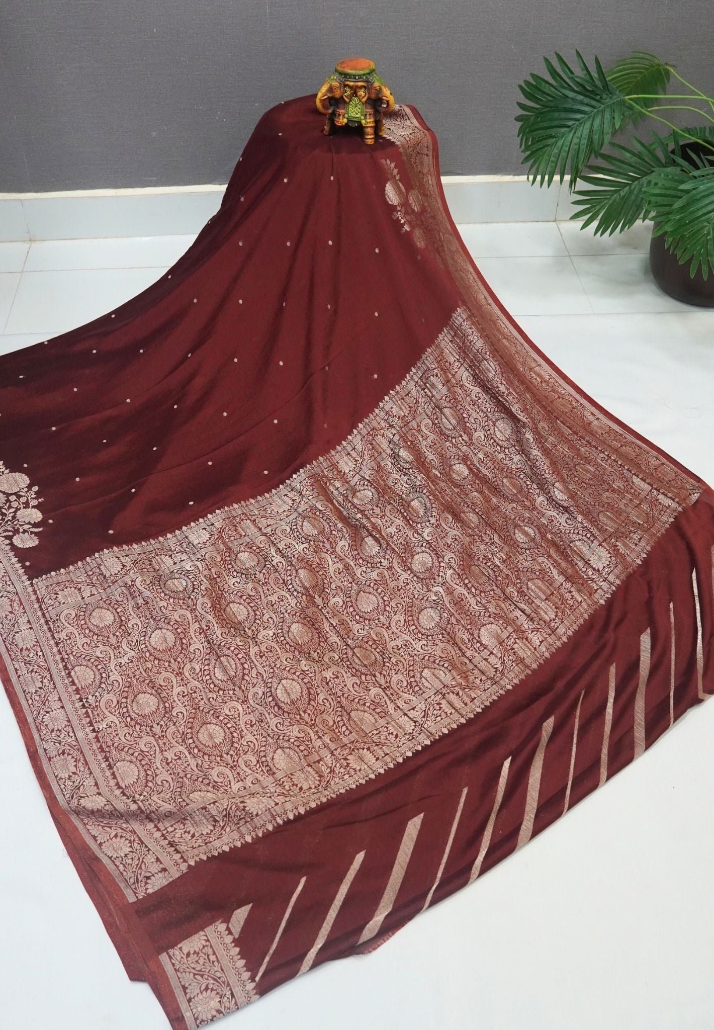Chinon Silk Saree-Brown with Antique Floral Border