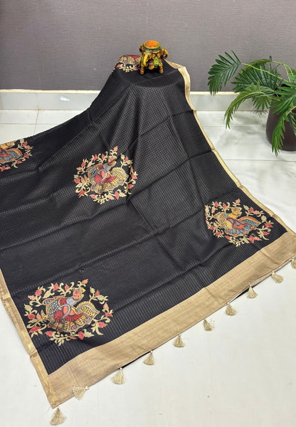 Soft Tussar Saree-Black In Kalamkari Peacock Border