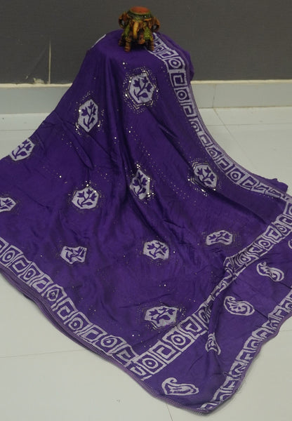 Batick Cotton Saree- Light Violet with Sequence Work