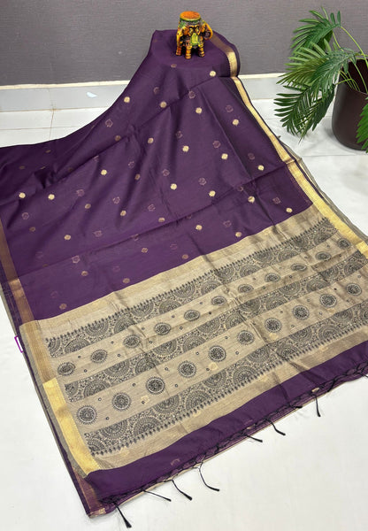 Handloom Cotton Saree-Purple in Mini Chakra Zari Border