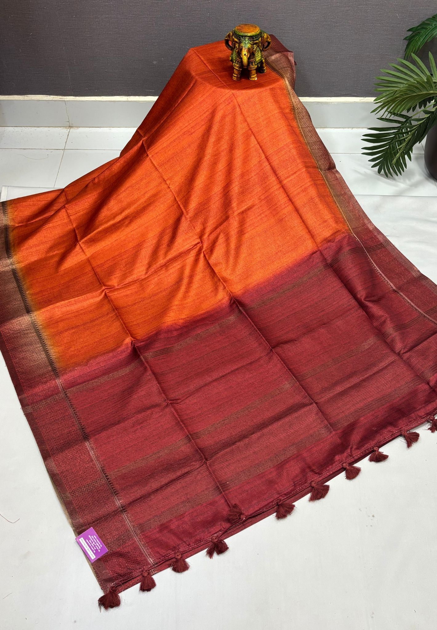 Matka Tussar Saree-Orange in Classic Striped Zari with Contrast Border