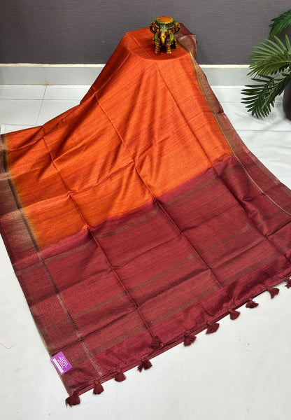 Matka Tussar Saree-Orange in Classic Striped Zari with Contrast Border