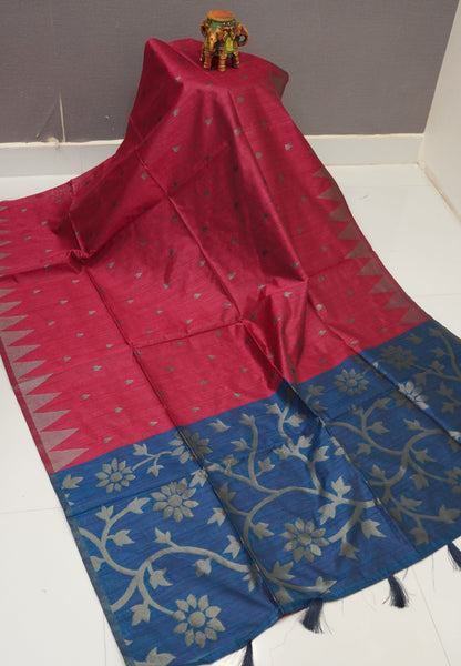 Semi Raw Silk Saree-Pink in Antique Silver Zari Butta with Tower Border