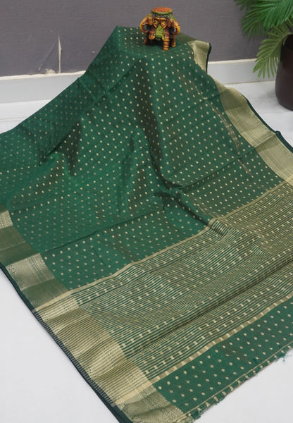 Semi Tussar Saree-Dark Green with Golden Zari Bud Buttas