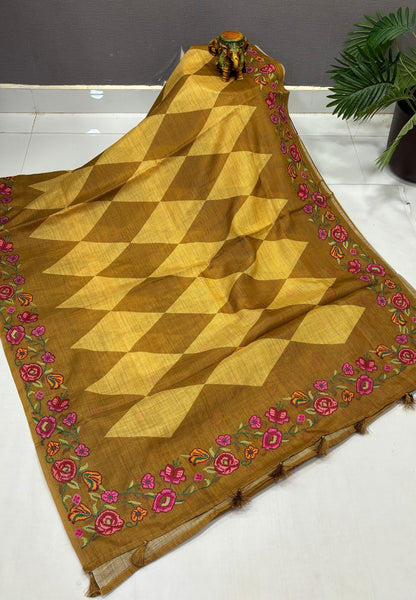 Tissue Linen Saree-Mutard In Cross Stitch Floral Border