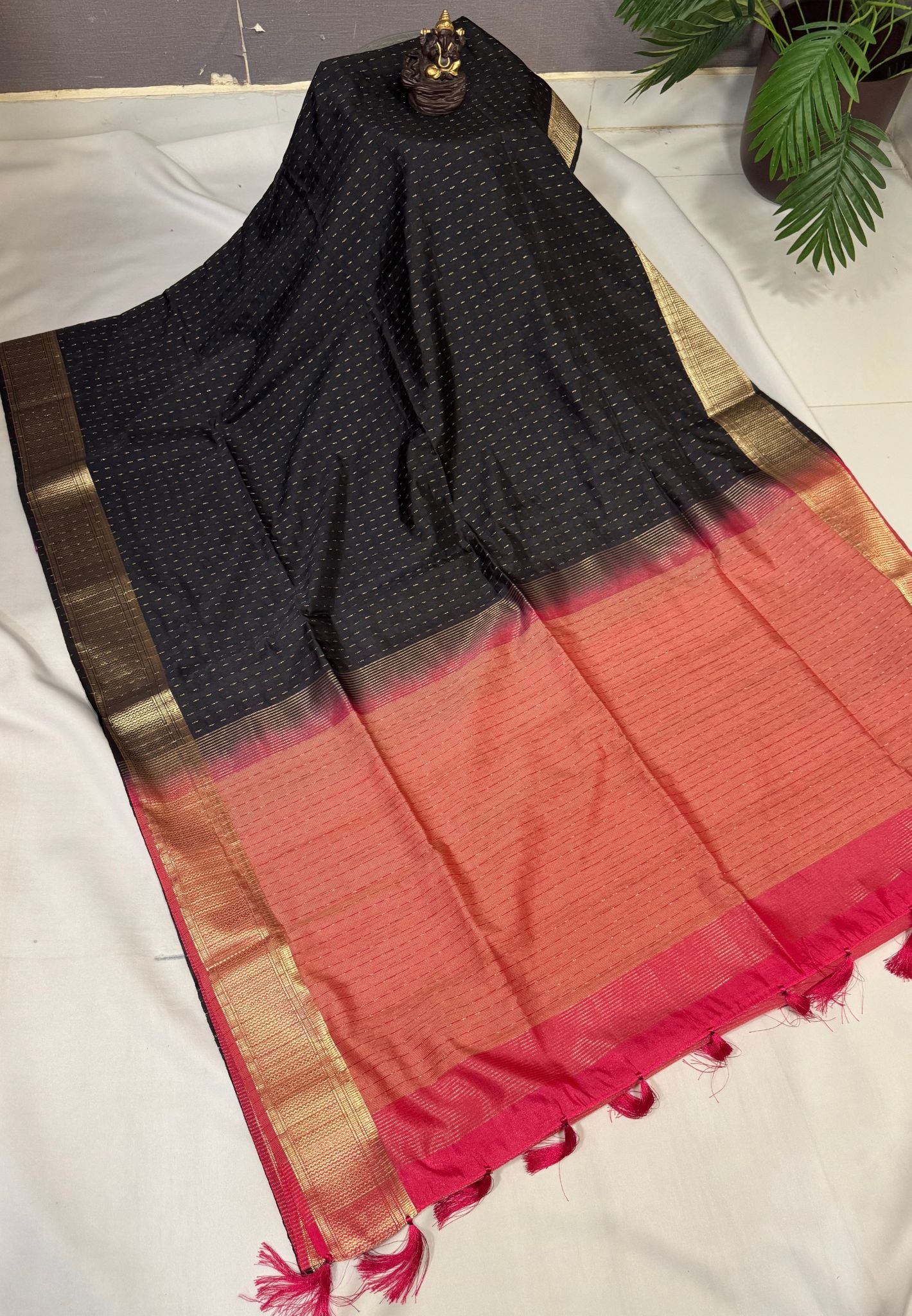 Semi Tussar Saree-Black with Zari Lines