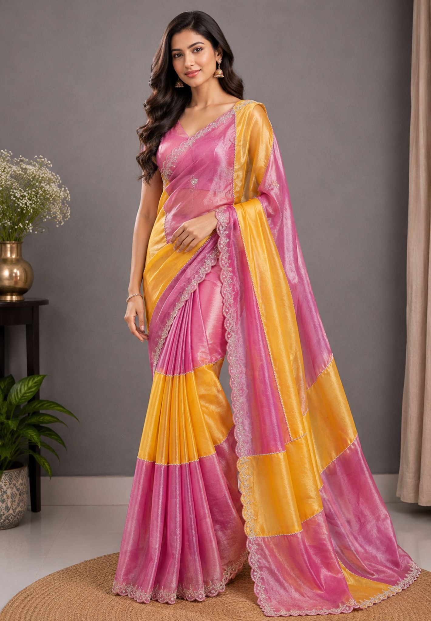 Designer Saree-Yellow&Pastel pink Duo Tone Encrusted with Scalloped Stone Work