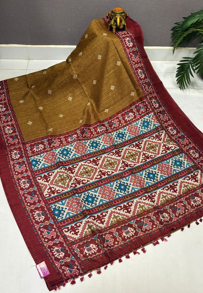 Jute Tussar Saree-Mustard In Patola Print Border