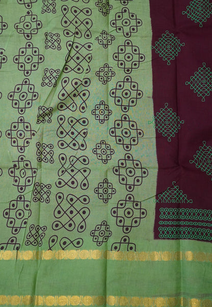 Sungudi Cotton Saree-Brown with Contrast Retapet Border in Kolam Pattern