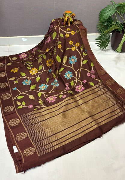 Kattan Silk Saree-Brown in Floral Vine Zari Border