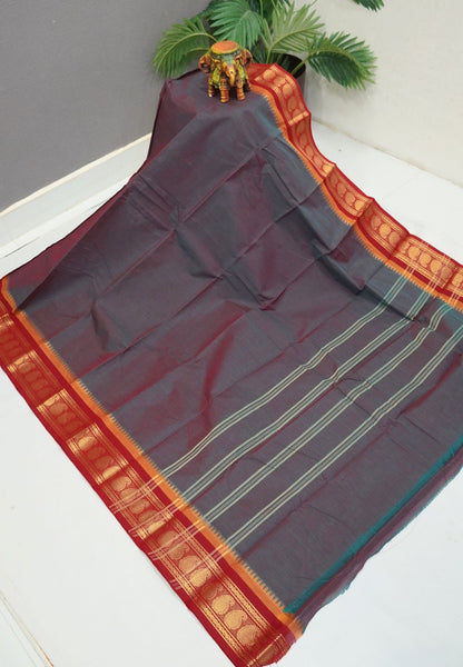 Kanchi Cotton Saree-Greenish Red With Paisley Zari Border