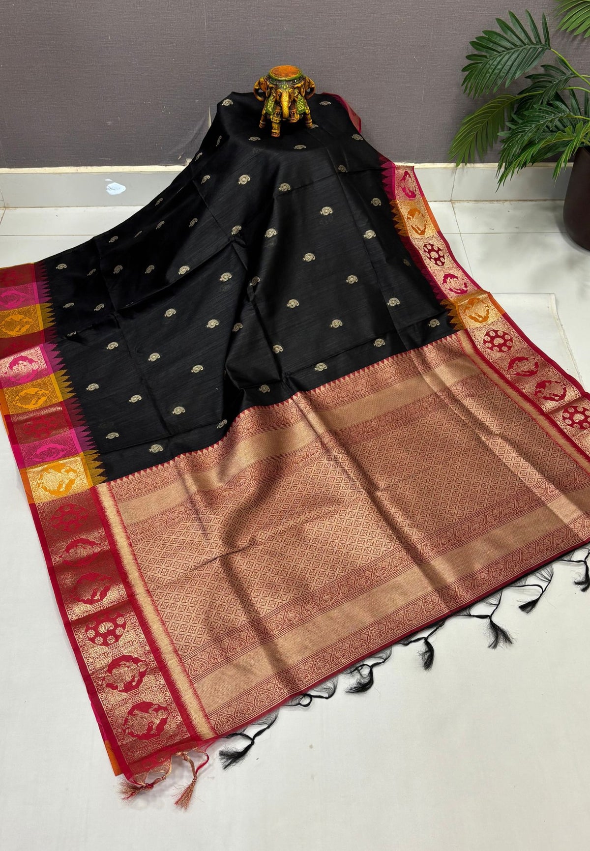 Raw Silk Saree-Black In Floral Medallion Brocade Border