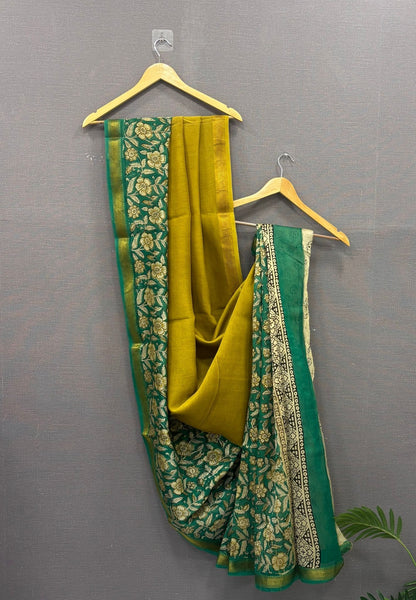 Pure Maheshwari Silk Cotton Saree-Lime Green