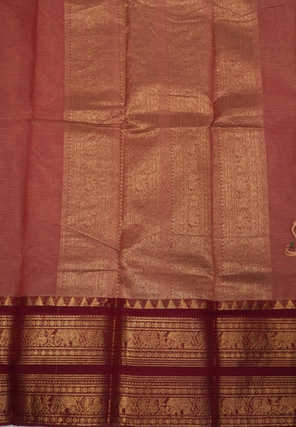 Chettinadu Cotton Saree-Pinkish Orange with Double Border