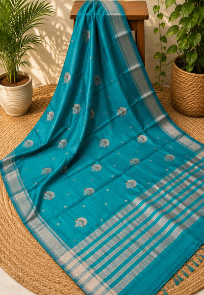 Semi Tussar Saree-Ramar Blue with Floral Zari Motif