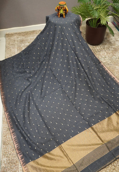 Handloom Cotton Saree-Greyish Blue With Delicate Woven Buttas