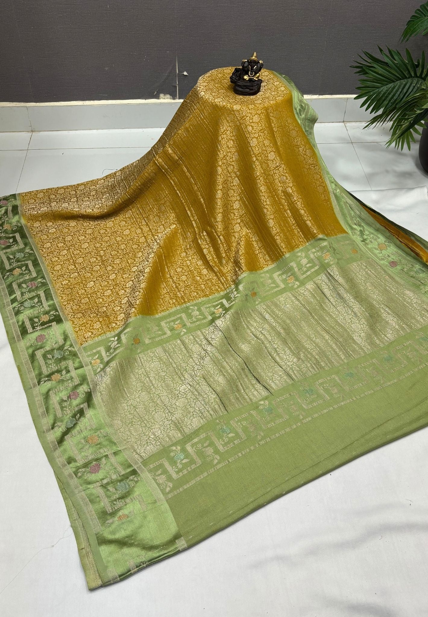 Banarasi Brocade Silk Saree-Mustard with Contrast Border