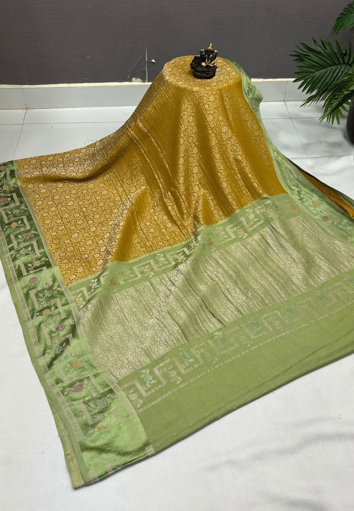 Banarasi Brocade Silk Saree-Mustard with Contrast Border