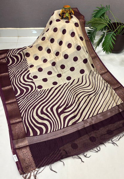 Pure Chanderi Saree-Wine in Circle Pattern Border