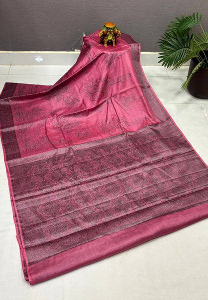 Tussar Saree-Dusky Rose In Glitter Floral Border