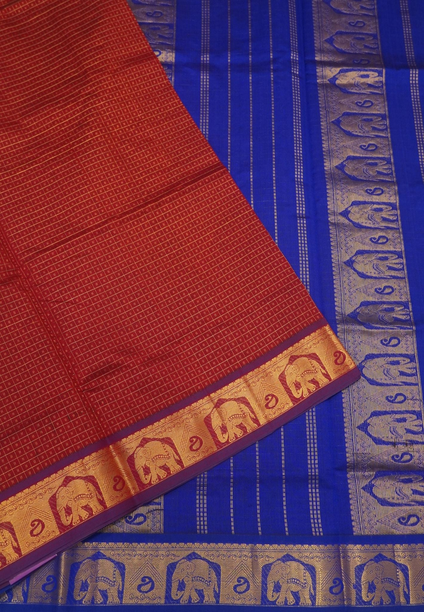 Pure Silk Cotton Saree-Red-Blue Zari Emboss With Contrast Border