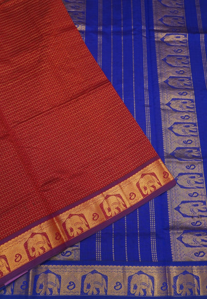 Pure Silk Cotton Saree-Red-Blue Zari Emboss With Contrast Border
