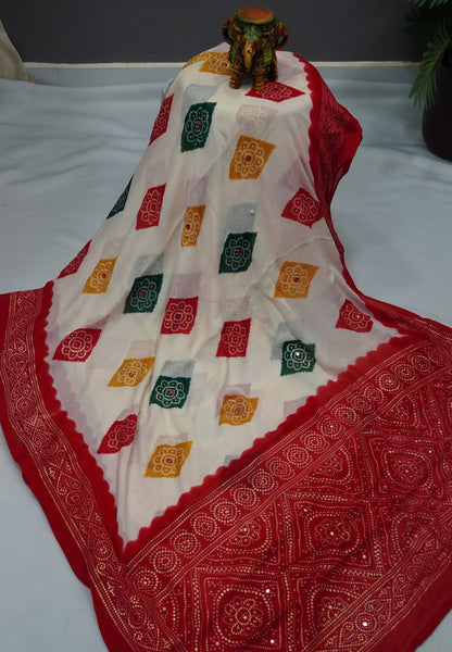 Chiffon Saree – Bandhani Inspired Print with Elegant Border - White & Red