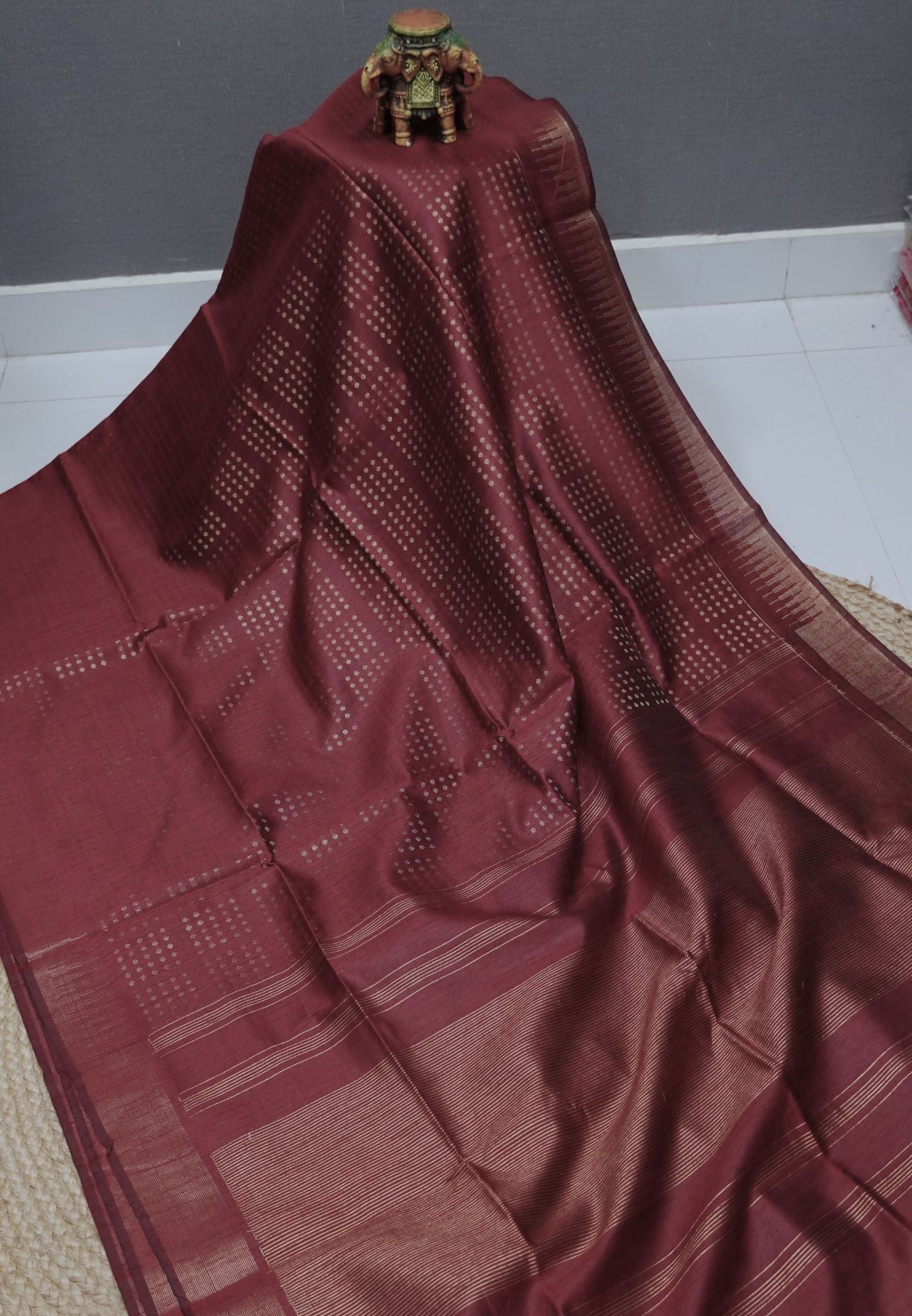 Semi Raw Silk Saree-Maroon in Checked Zari
