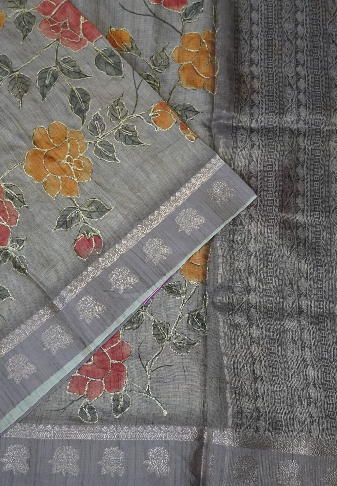 Tissue Linen Saree-Lavender with Floral Kutch Work