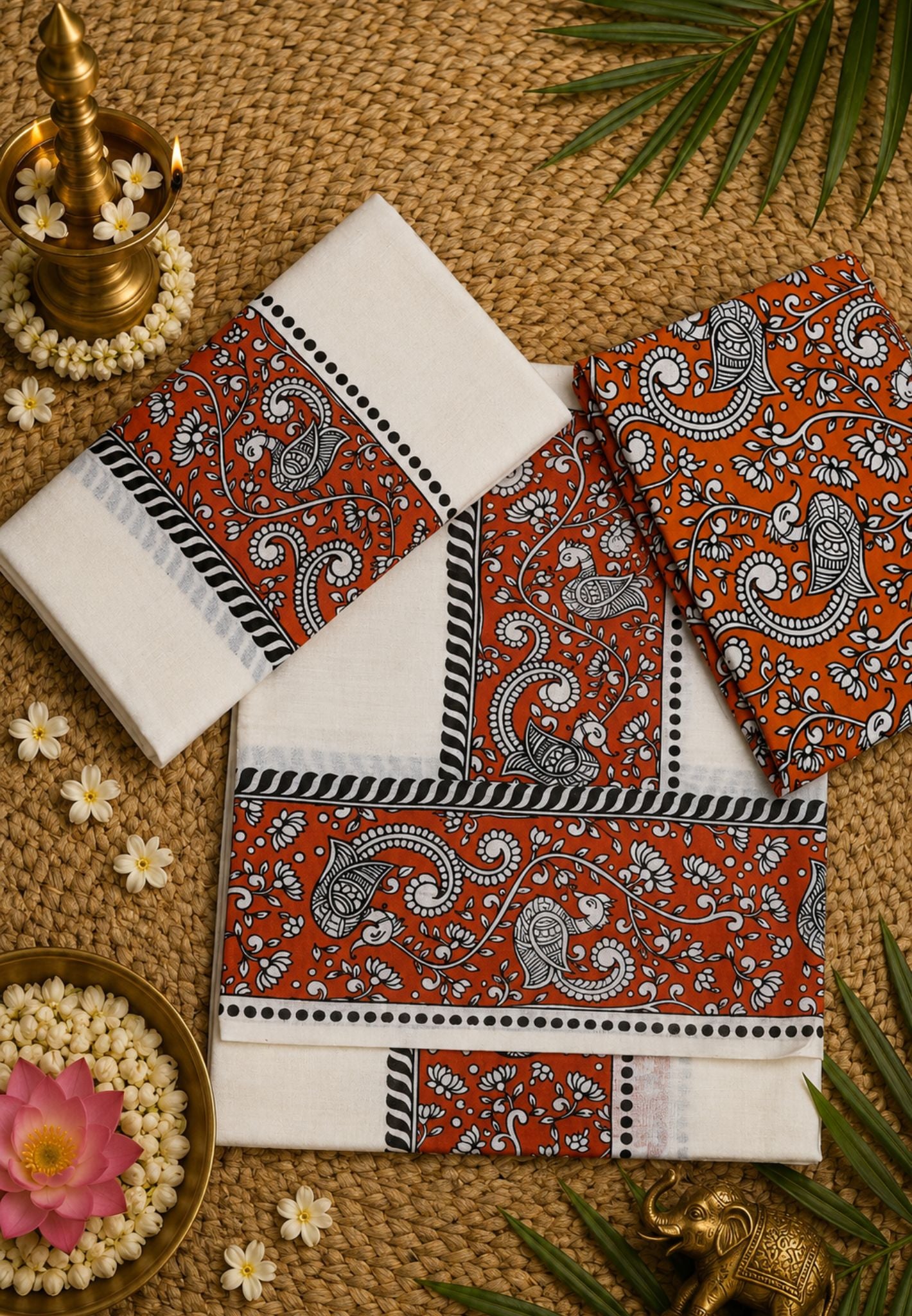 Cotton Set Mund-Off White - Orange with Kalamkari Border