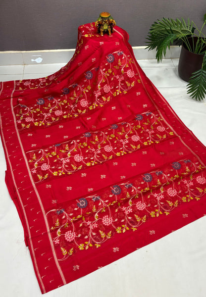 Satin Organza Saree-Red In Paithani Floral Zari Border