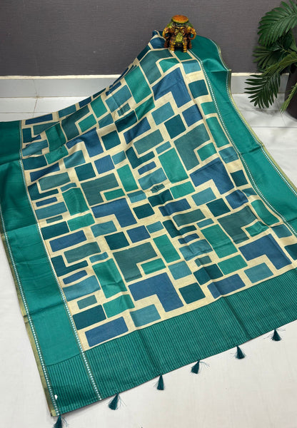 Tussar Saree-Teal Green in Geometric 3D Square Pattern Border