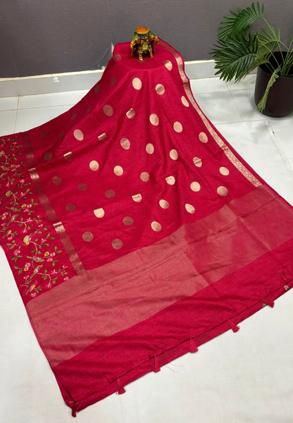 Tussar Saree-Redish Pink In Bird & Floral Border
