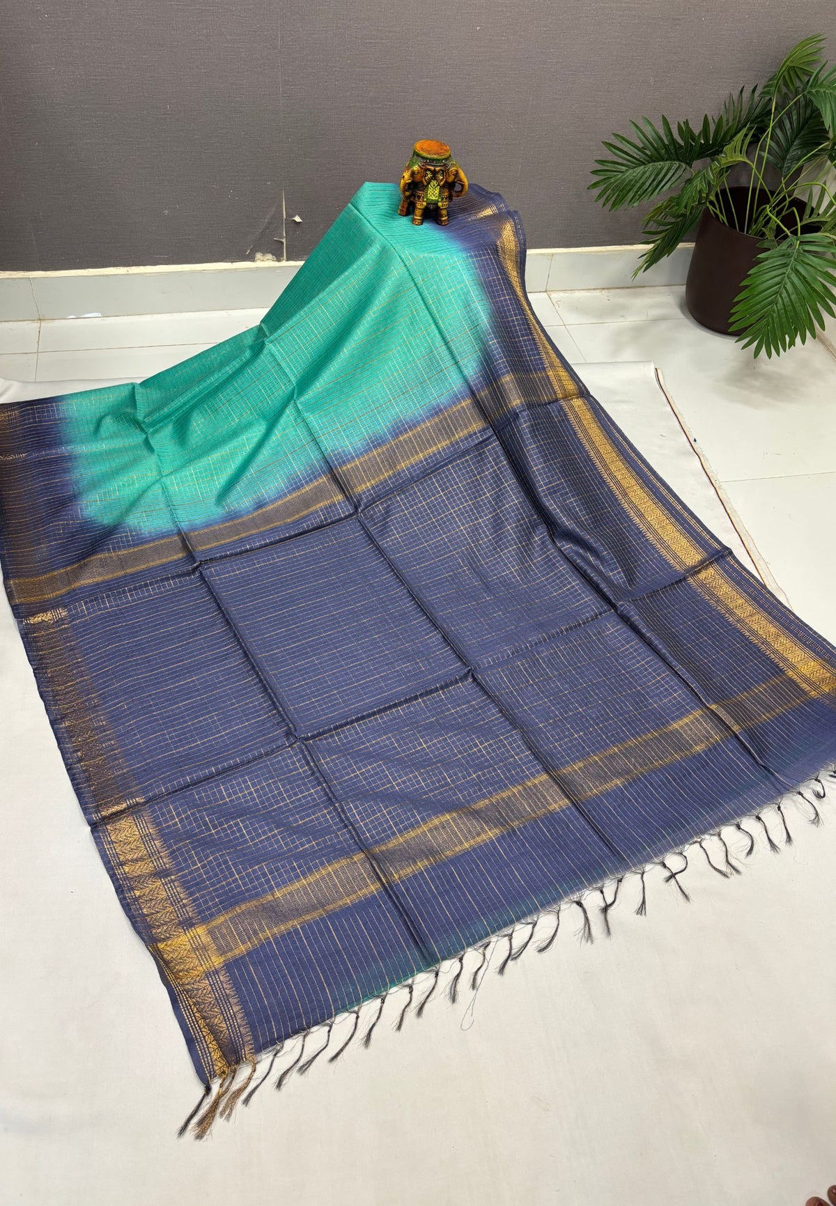 Semi Bhagalpur Tussar Saree-Teal Green in Zari checks with Contrast Border