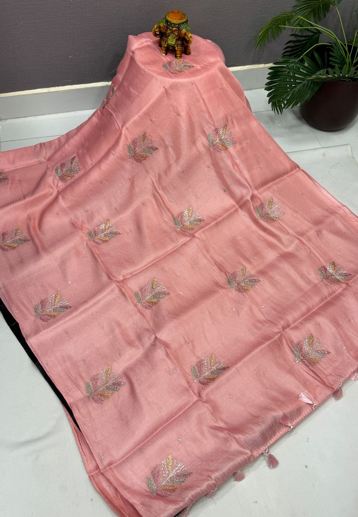 Blueberry Silk Saree-Peach in Leaf Butta Embroidery Border