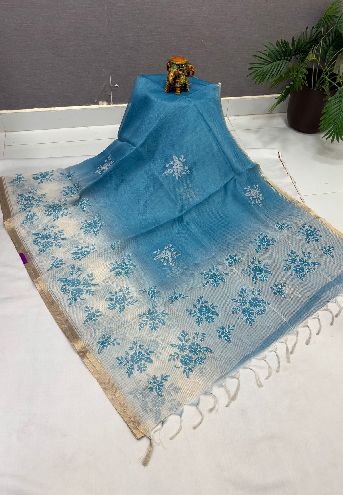Organza Saree-Blue with Floral Aplique Work