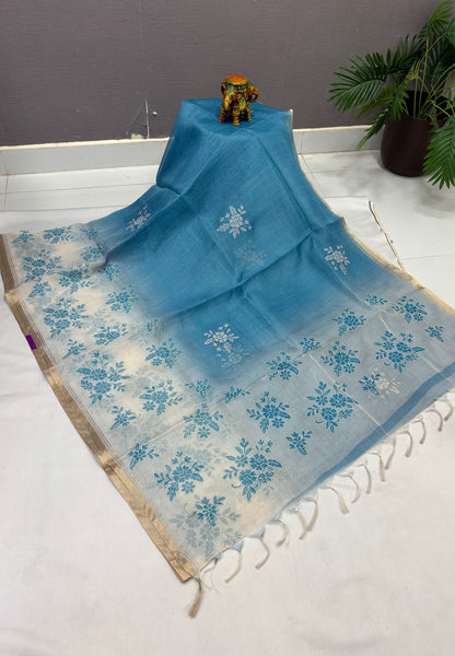 Organza Saree-Blue with Floral Aplique Work