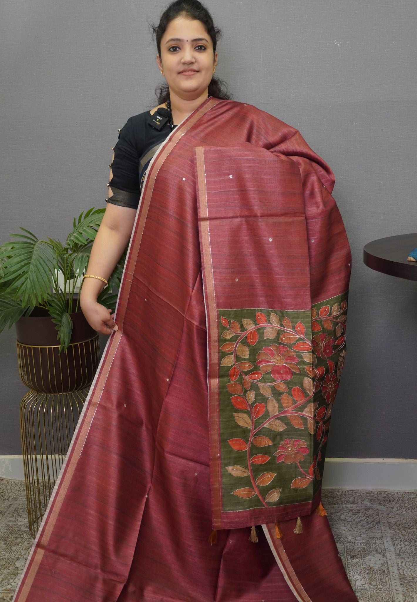 Semi Tussar Saree - Mayil Katch Work Maroon