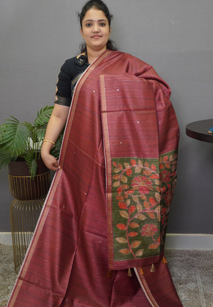 Semi Tussar Saree - Mayil Katch Work Maroon