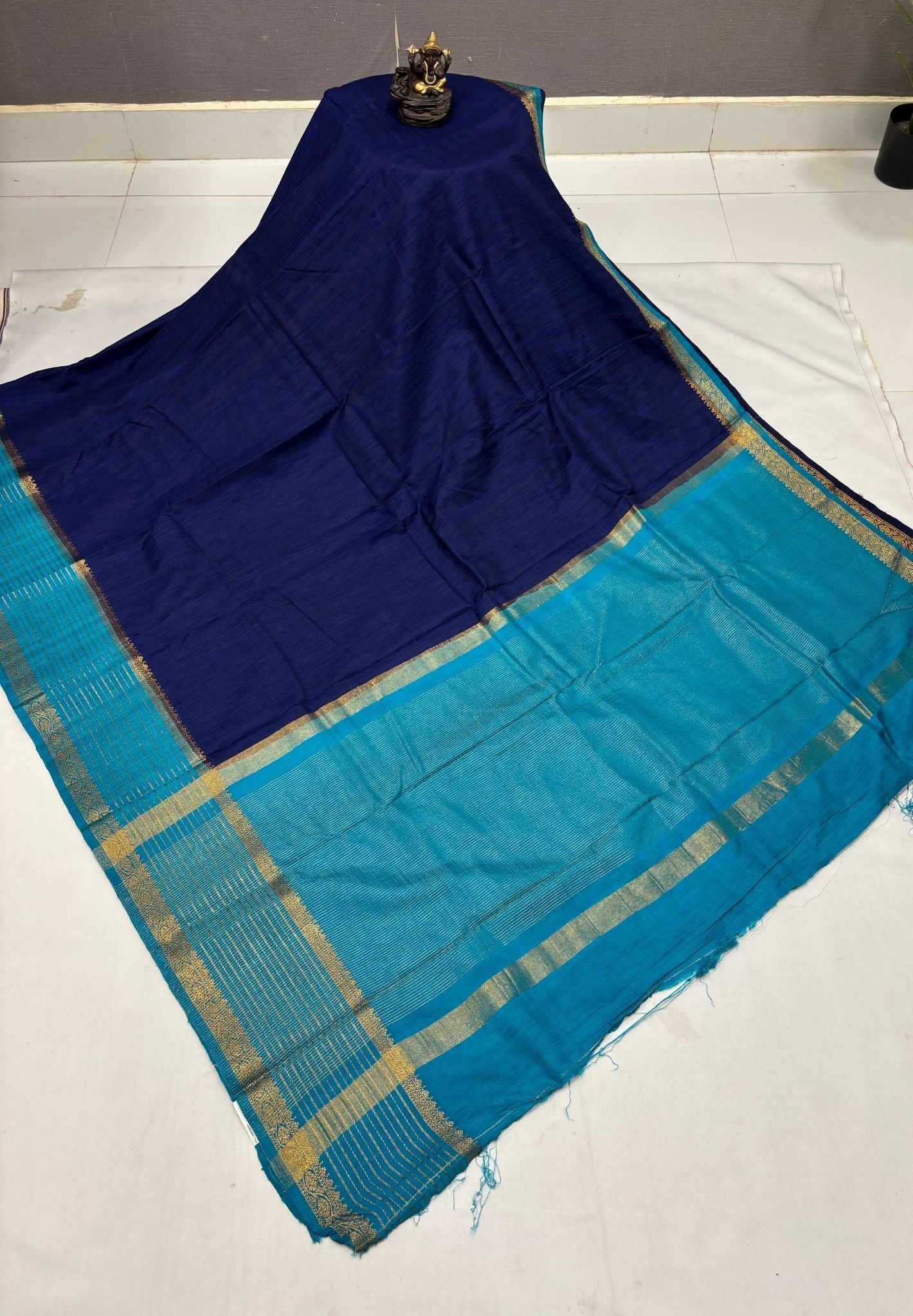 Raw Silk Saree-Navy Blue With Contrast Border