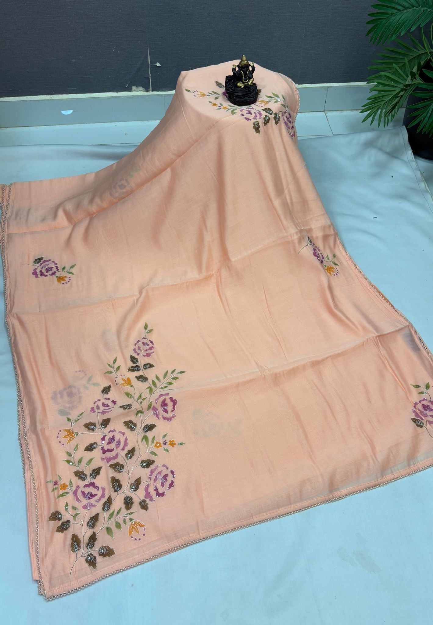 Muslin Saree-Orange With Floral Patten