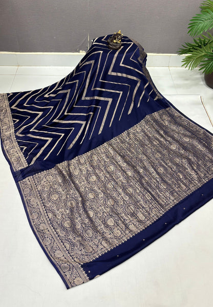 Chinon Silk Saree-Navy Blue with Antique Floral Border
