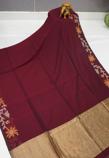 Handloom Cotton Saree-Maroon Jamdhani Border