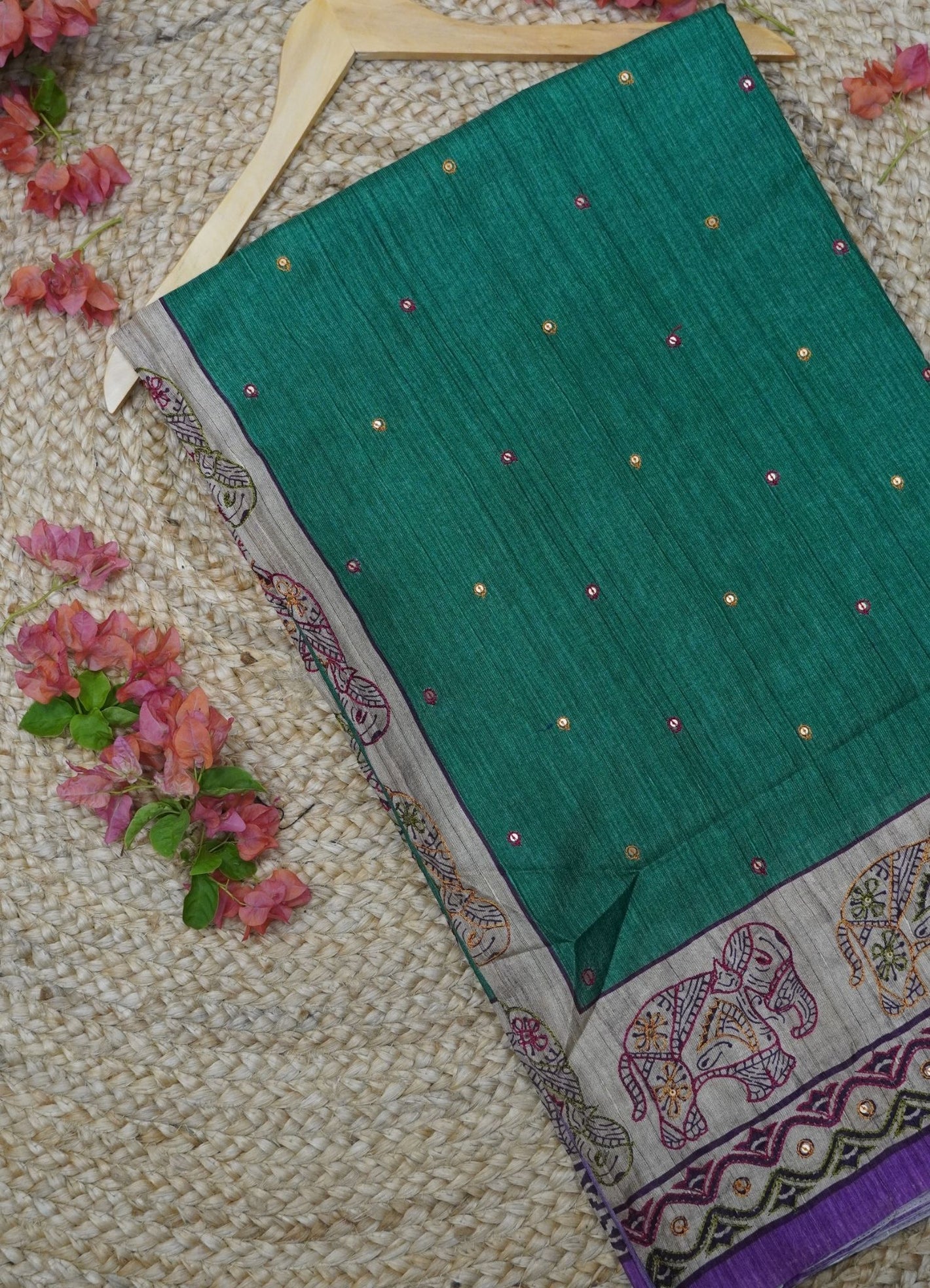 Semi Tussar Saree –  Green Purple Elephant Design